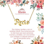 Collar con nombre Rocío diseño elegante bañado en oro 14k significado de frescura y luz regalo para mujer.