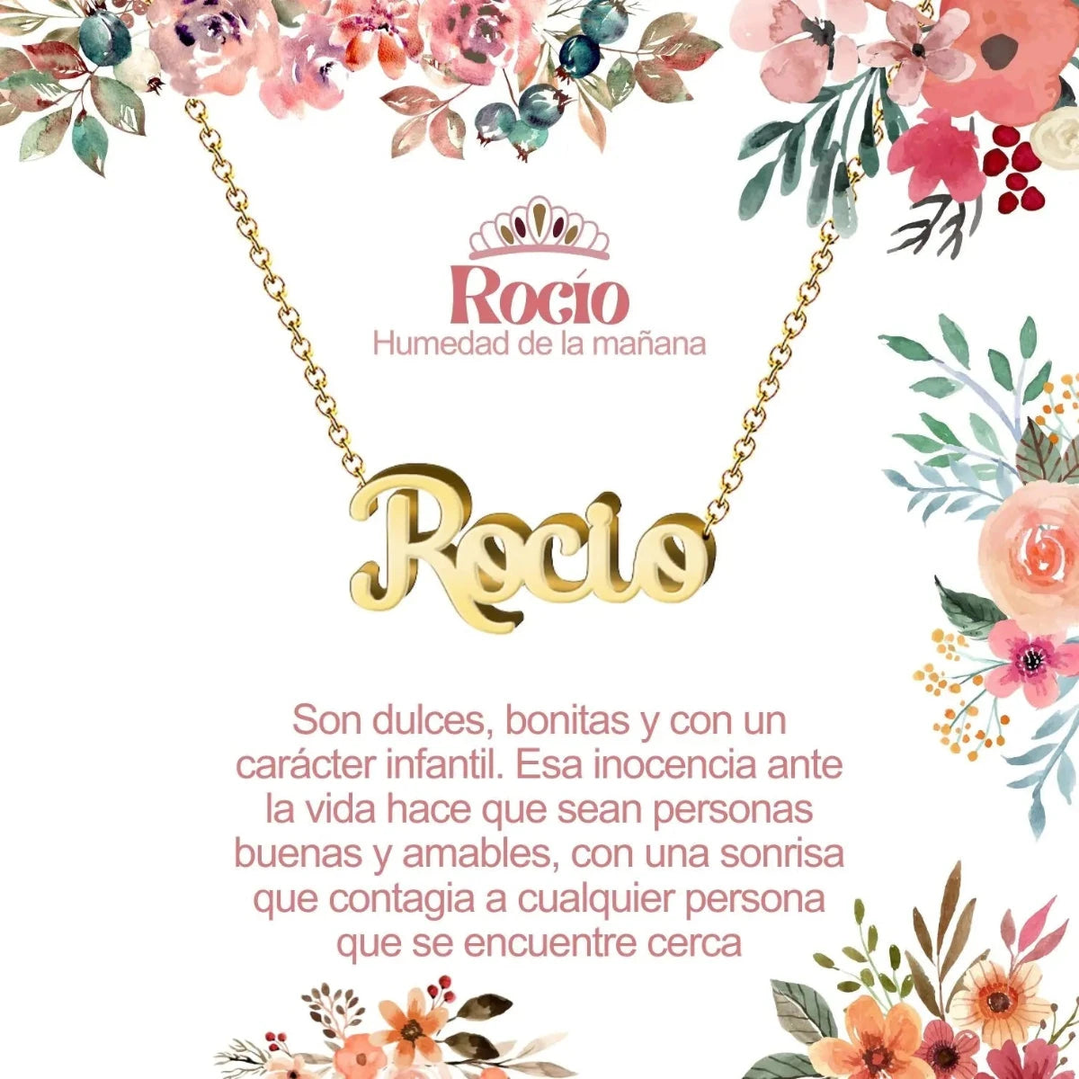 Collar con nombre Rocío diseño elegante bañado en oro 14k significado de frescura y luz regalo para mujer.
