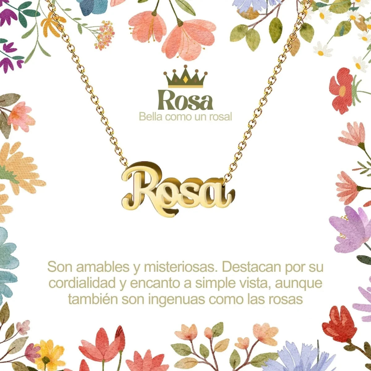 Collar con nombre Rosa diseño caligrafía romántica bañado en oro 14k significado de belleza y amor regalo mujer.