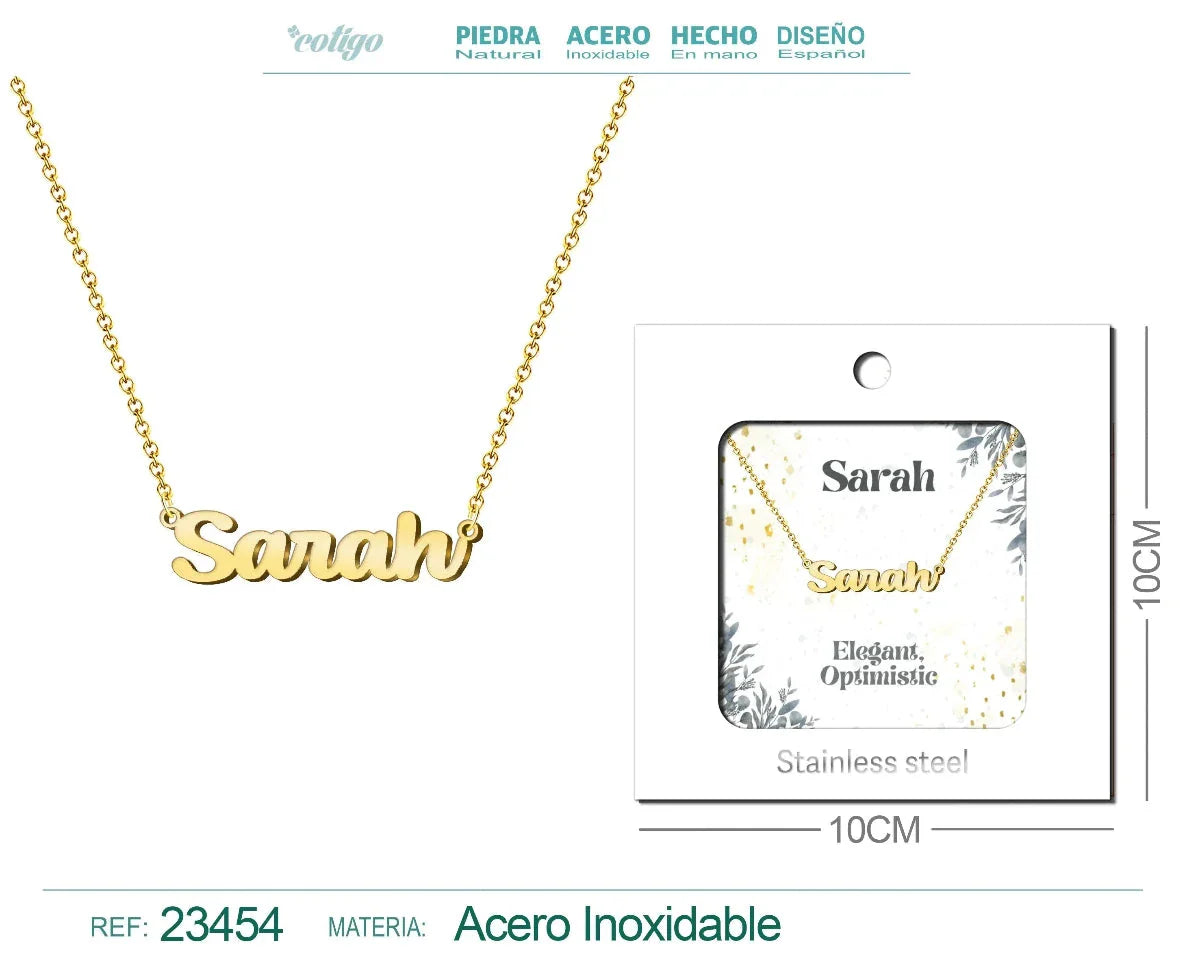 Collar con Nombre Sarah - Diseño en Inglés - Acero Inoxidable Bañado en Oro 14k