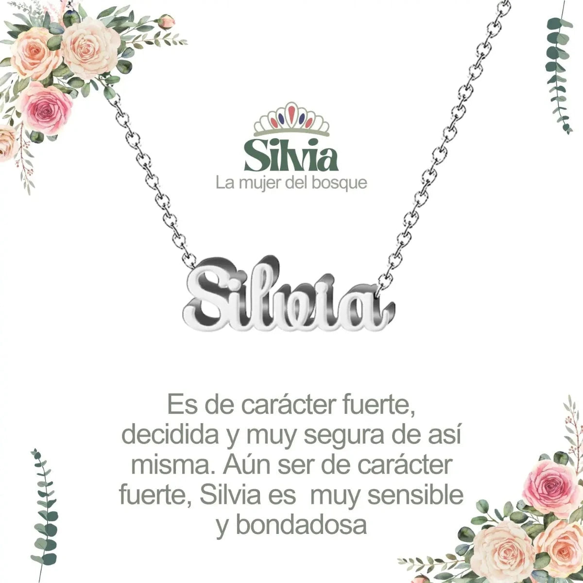 Collar con nombre Silvia en acero inoxidable plateado resistente al agua joya moderna regalo para mujer.