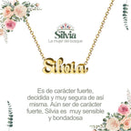 Collar con nombre Silvia diseño elegante bañado en oro 14k significado de bosque y naturaleza regalo mujer.