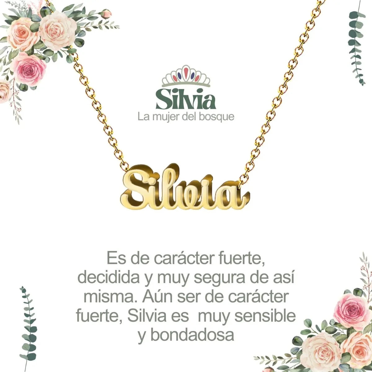 Collar con nombre Silvia diseño elegante bañado en oro 14k significado de bosque y naturaleza regalo mujer.