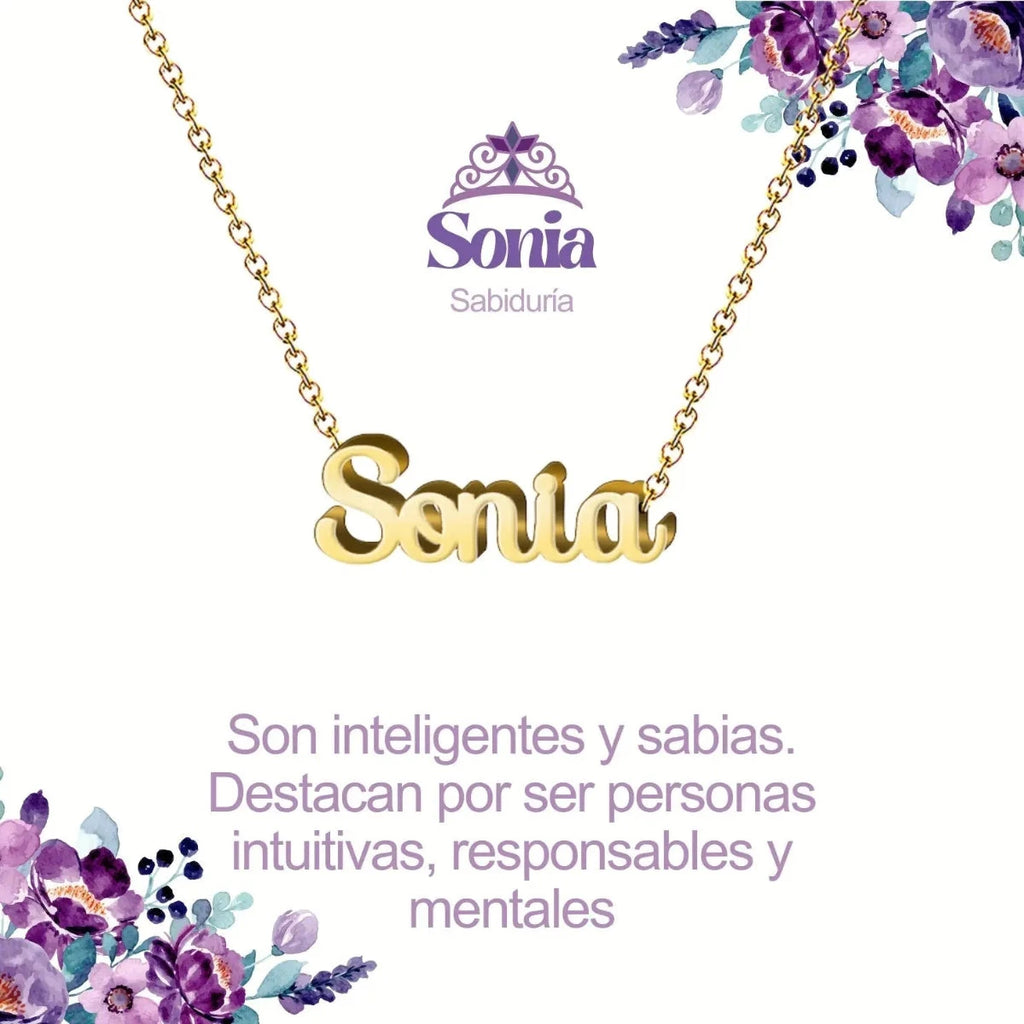 Collar con nombre Sonia diseño de caligrafía elegante bañado en oro 14k significado de sabiduría y luz.