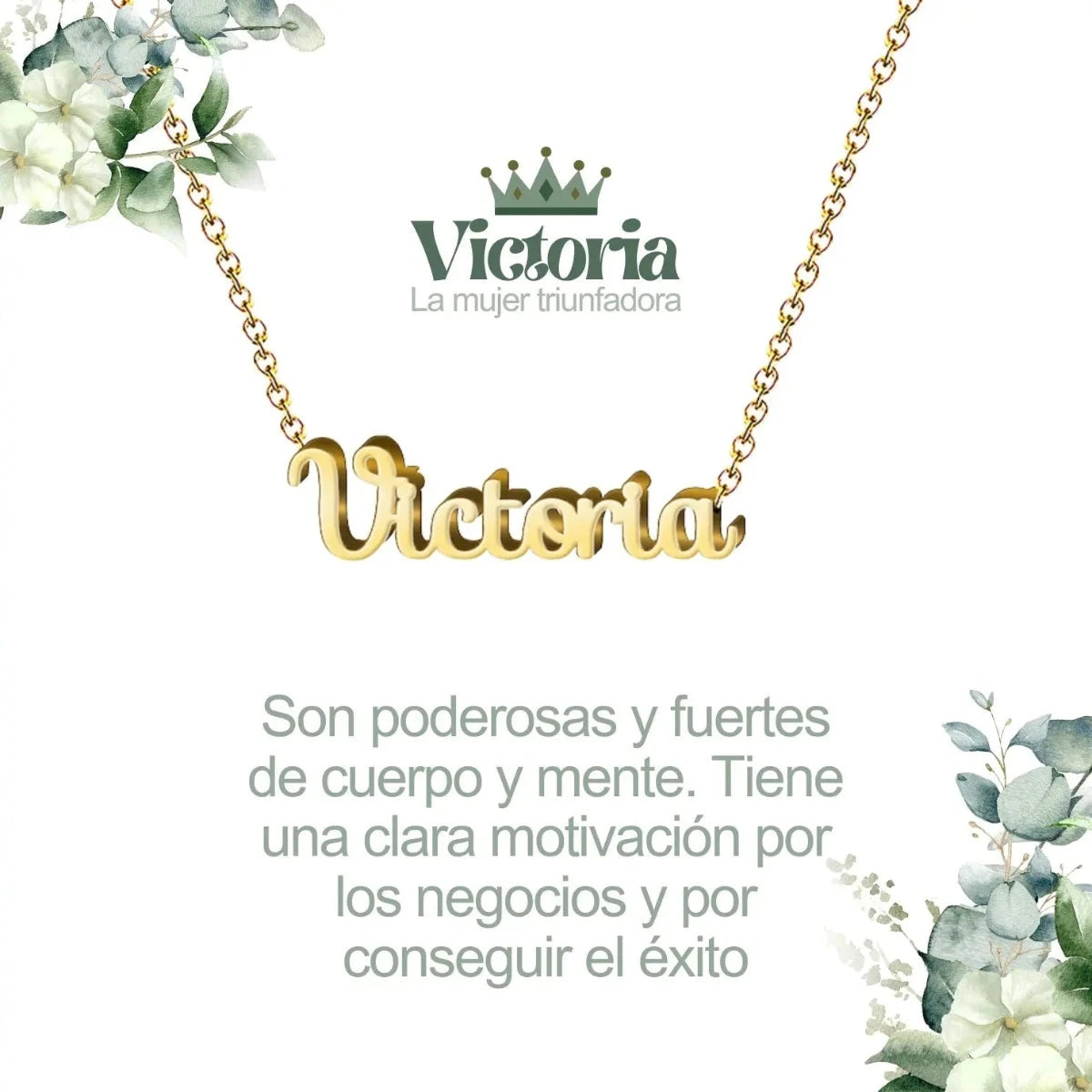 Collar con nombre Victoria diseño elegante bañado en oro 14k significado de triunfo y éxito regalo mujer.