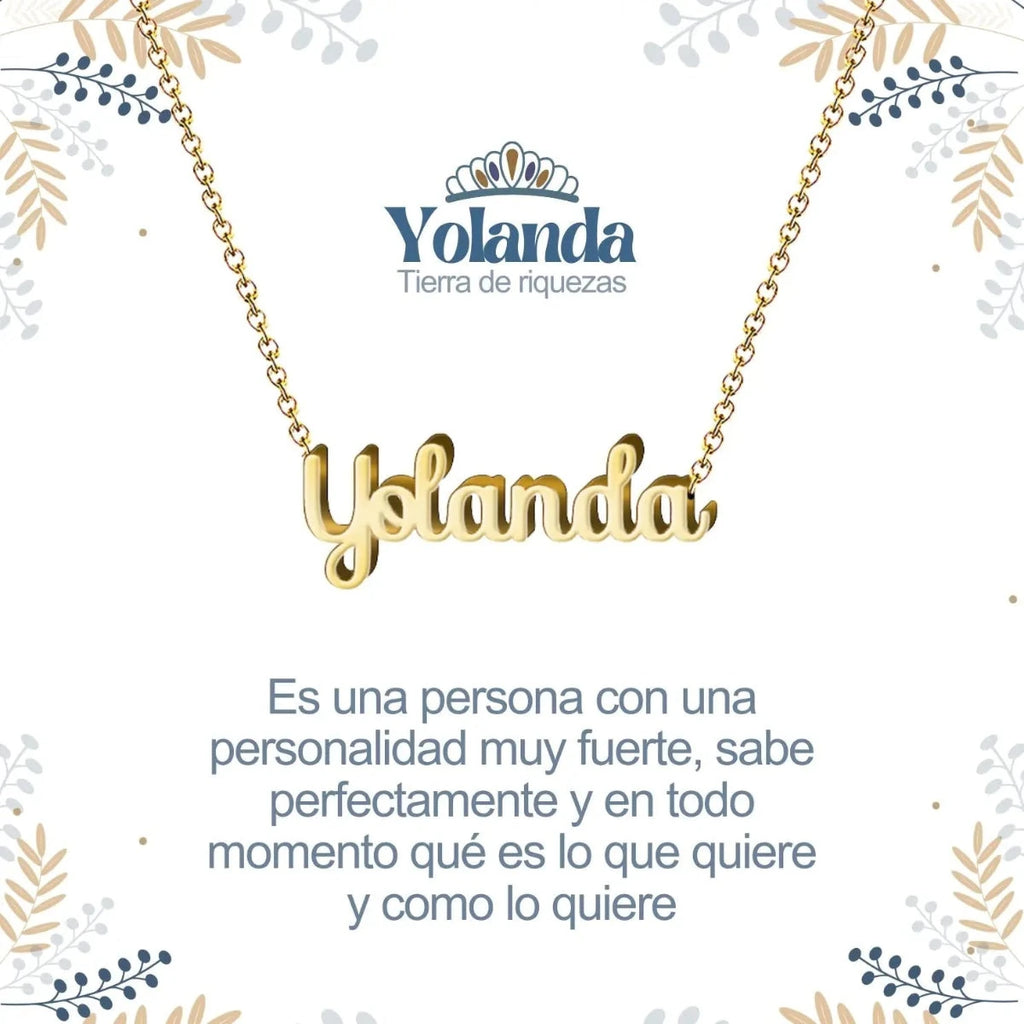 Collar con nombre Yolanda diseño de caligrafía elegante bañado en oro 14k con significado de personalidad fuerte.