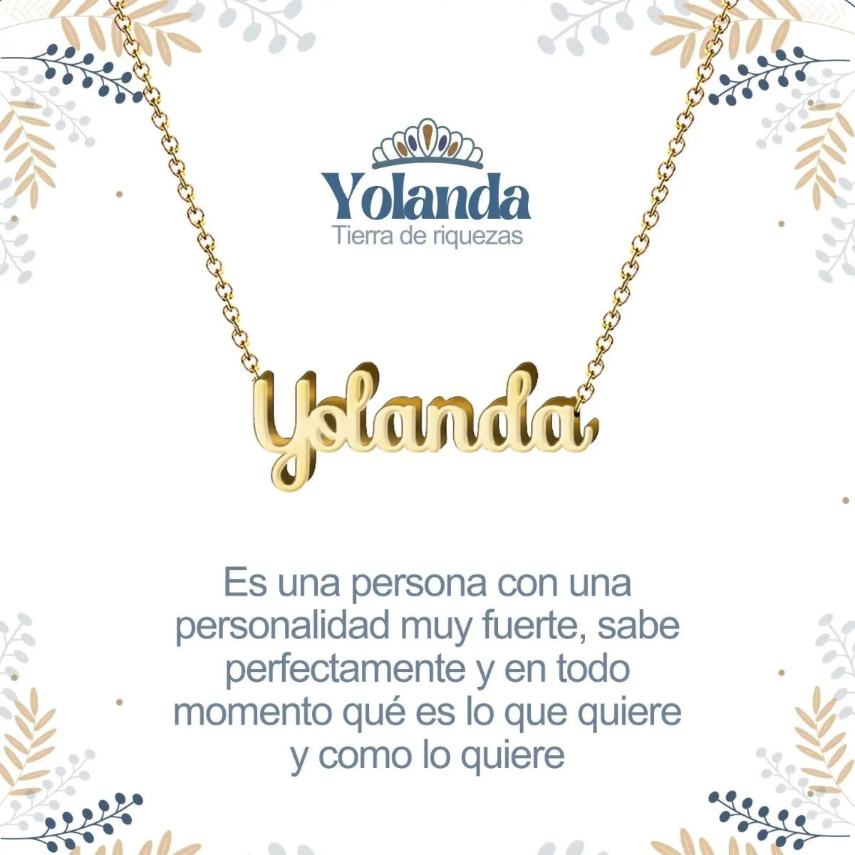 Collar con nombre Yolanda diseño de caligrafía elegante bañado en oro 14k con significado de personalidad fuerte.