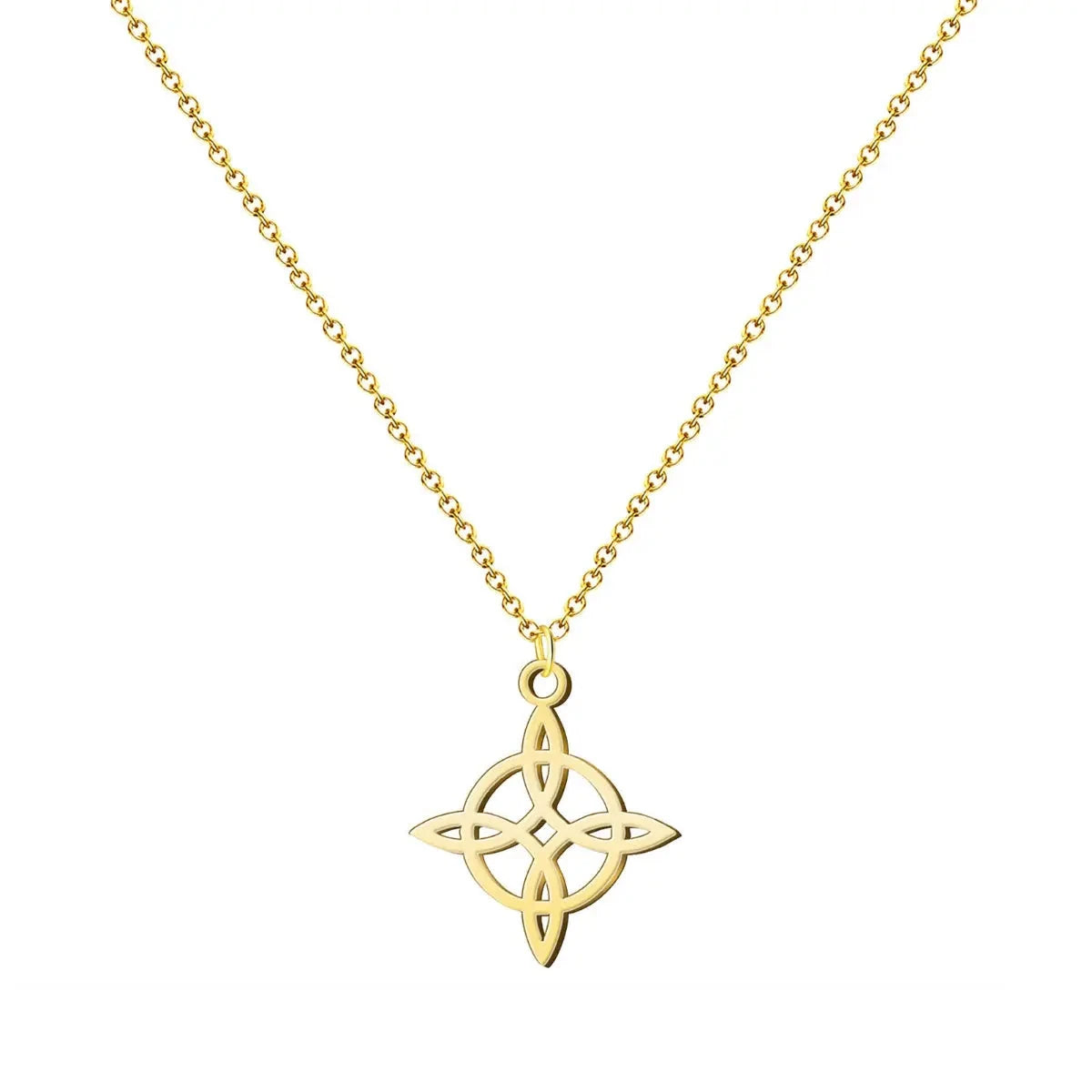 Collar de acero inoxidable con acabado dorado y colgante silueta del Nudo de Bruja. Diseño calado, elegante y luminoso.