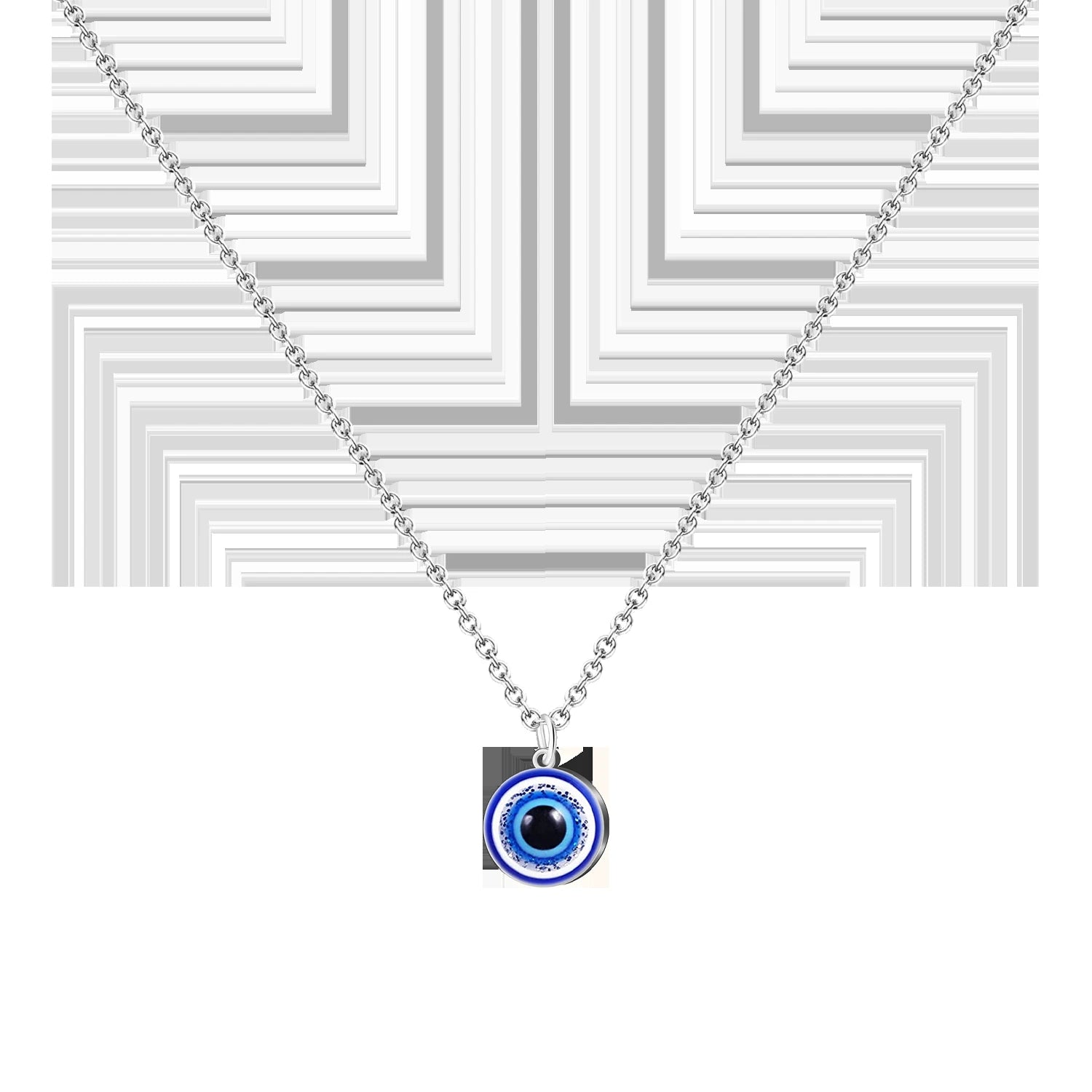 Collar de acero inoxidable plateado con colgante circular de ojo turco azul y cerco de cristales blancos brillantes.