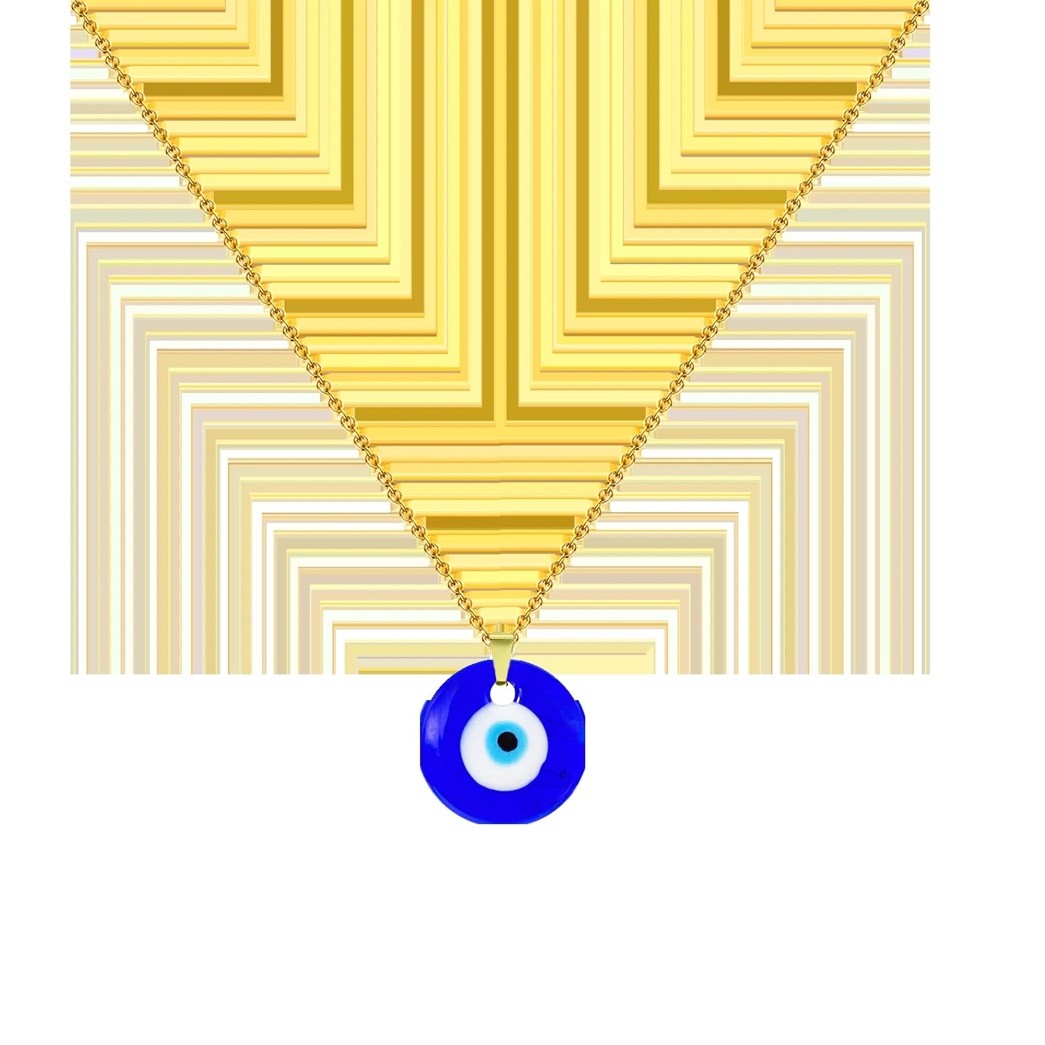 Collar de acero inoxidable dorado con colgante de ojo místico calado con pestañas y ojo turco central azul.