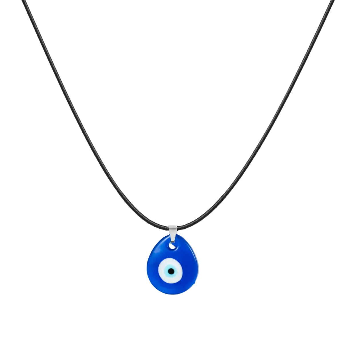 Collar de acero inoxidable plateado con colgante en forma de ojo y cristales brillantes.