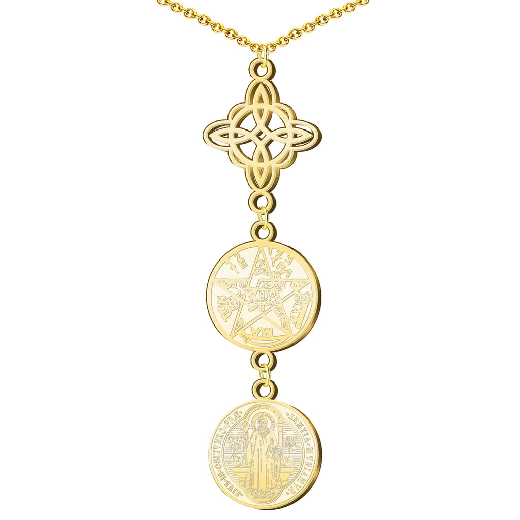 Collar Triple Protección: Nudo de Bruja, San Benito Y Tetragrámaton en Acero Dorado