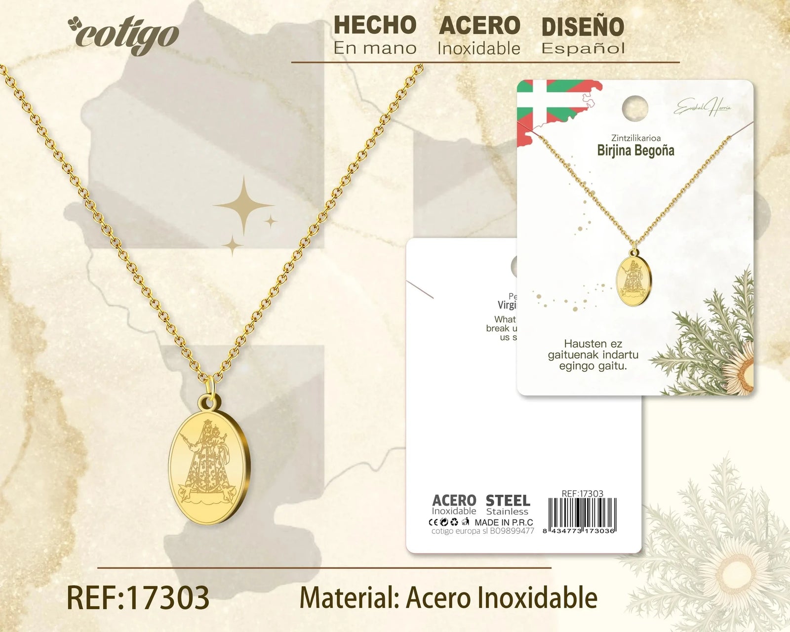 Collar Virgen de Begoña - Acero Dorado diseño