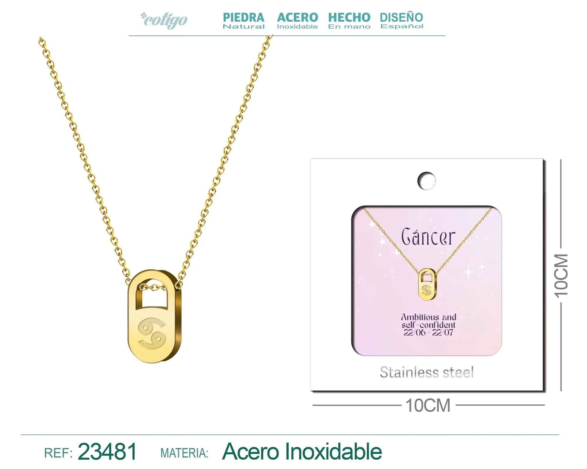 Collar Zodiaco en Inglés Cancer Acero con Sobre