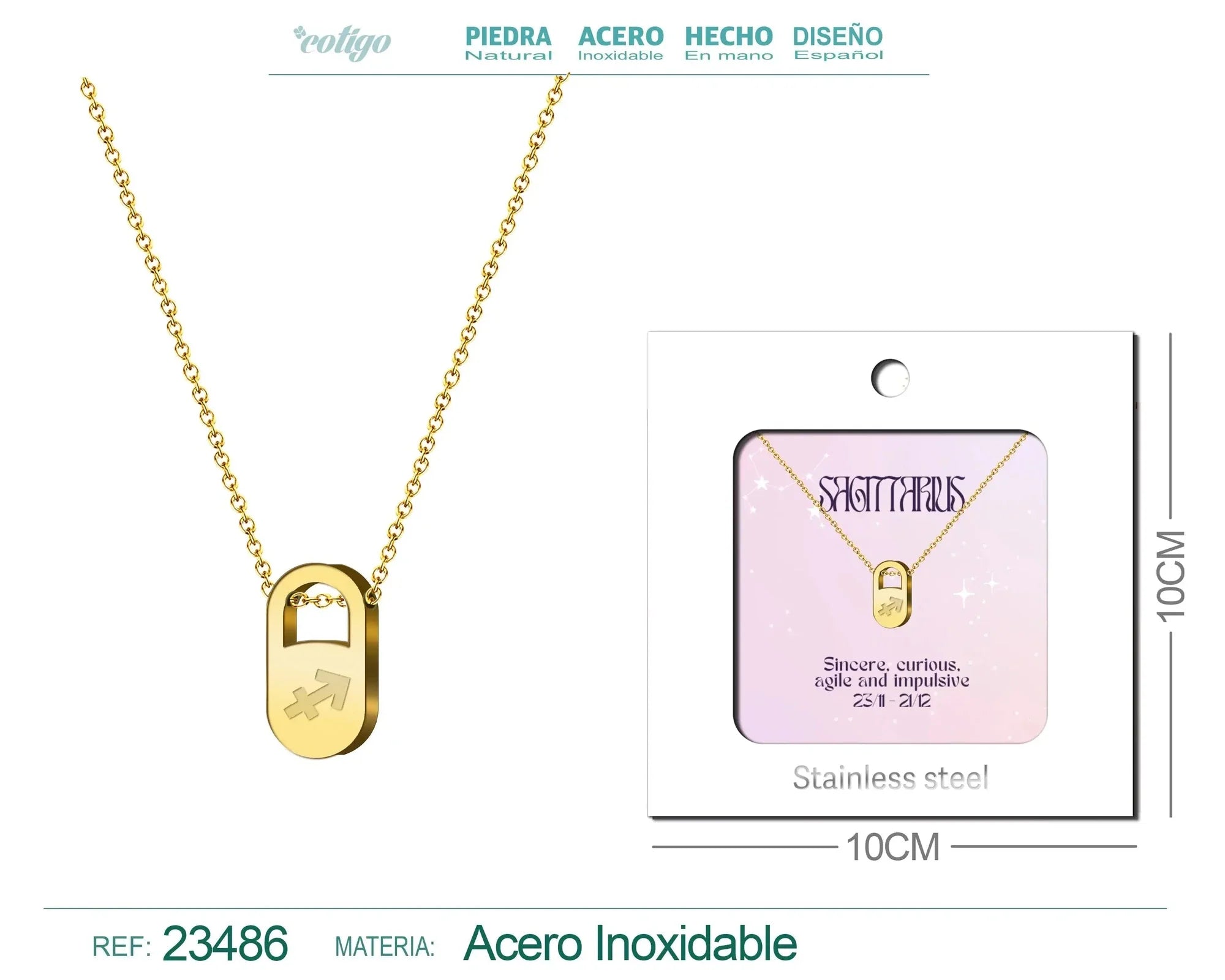 Collar Zodiaco en Inglés Sagittarius Acero con Sobre