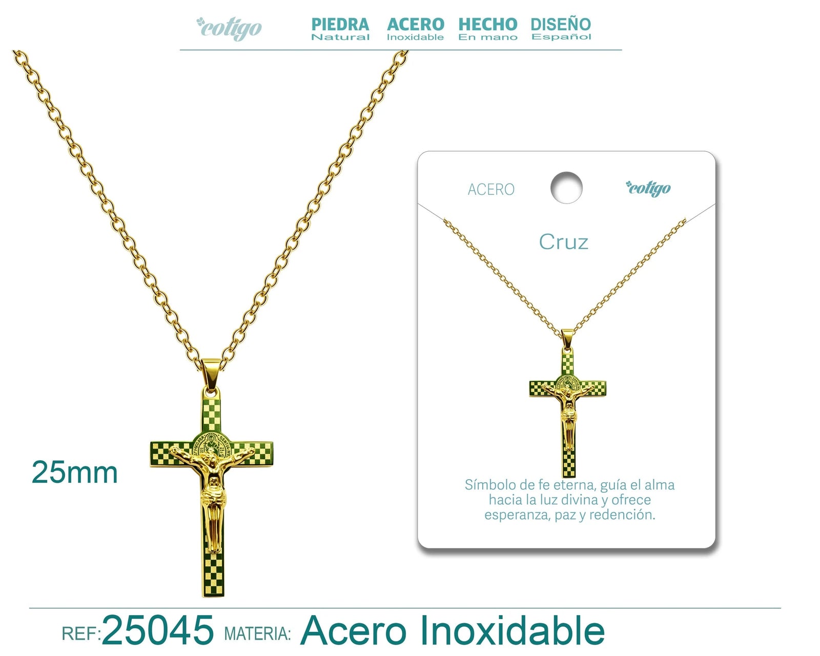 Collar Cruz con Jesús Crucificado en Acero Dorado detalle