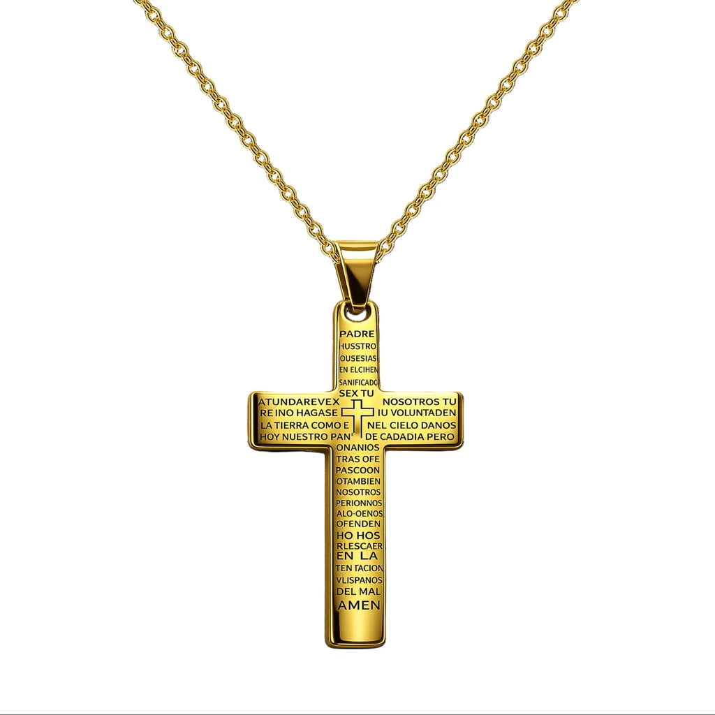 Cruz religiosa con oración del Padre Nuestro grabada en acero dorado