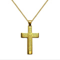 Cruz religiosa con oración del Padre Nuestro grabada en acero dorado
