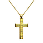 Cruz religiosa con oración del Padre Nuestro grabada en acero dorado