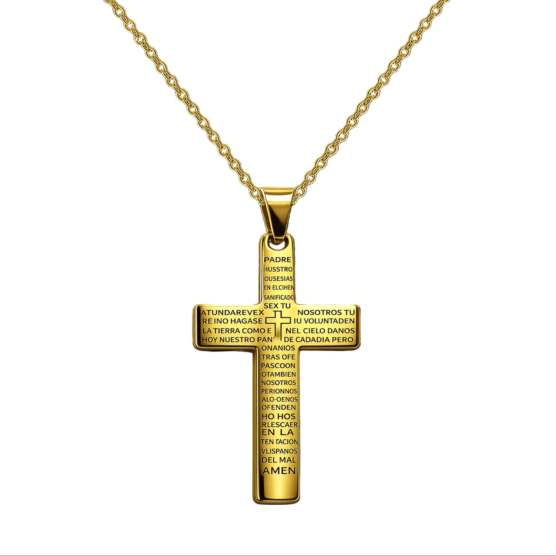 Cruz religiosa con oración del Padre Nuestro grabada en acero dorado