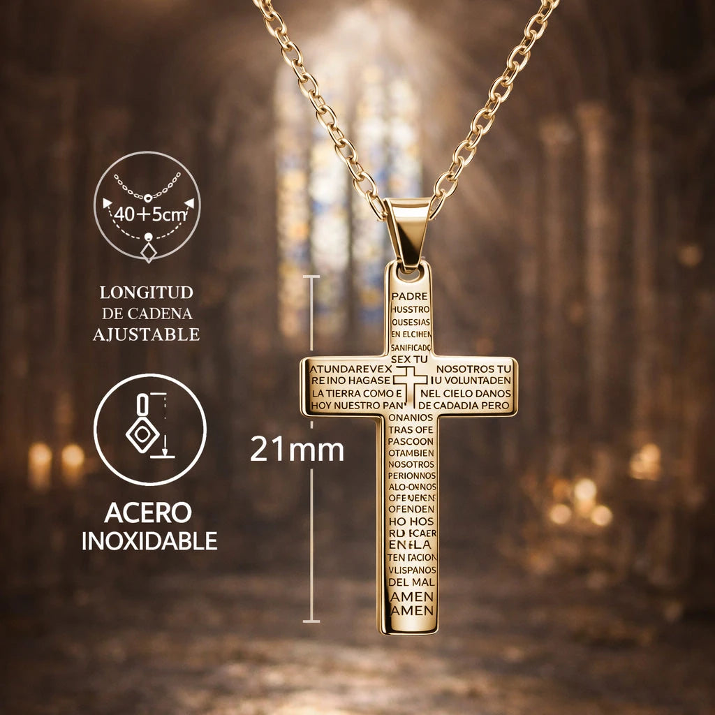 Collar con Cruz Y Oración del Padre Nuestro en Acero Dorado detalle