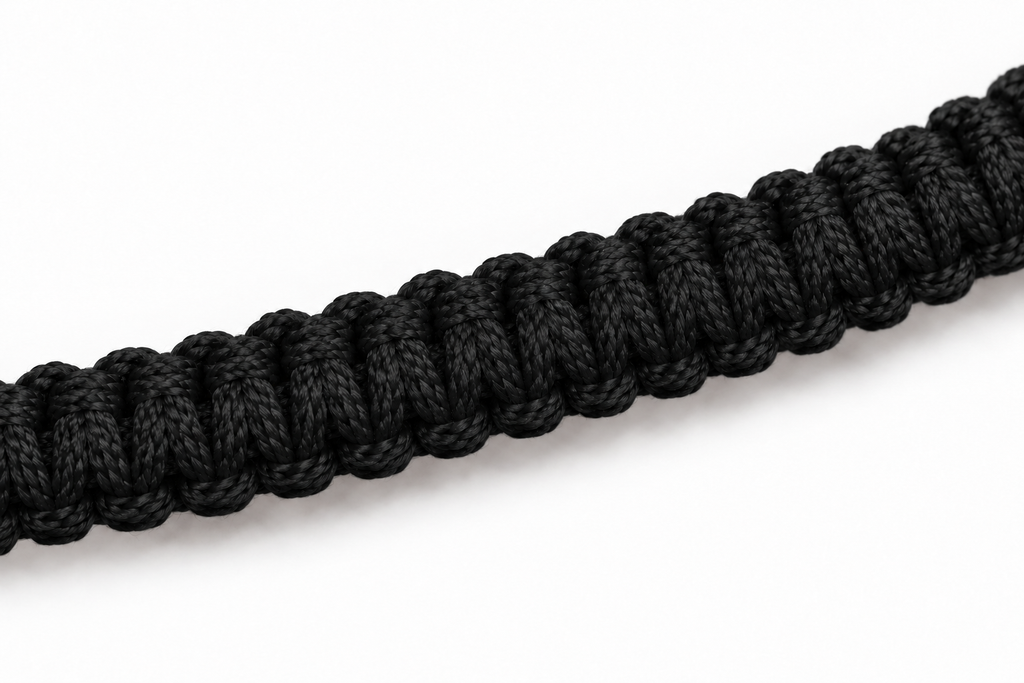 Detalle de los nudos y la textura del cordón trenzado negro