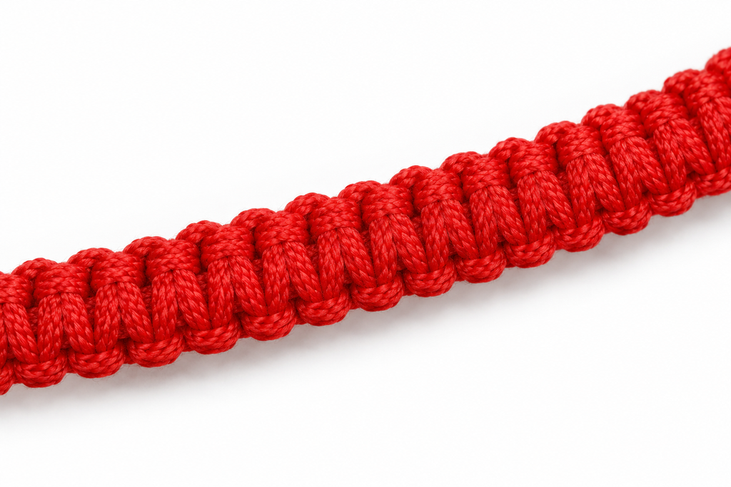 Detalle de los nudos y la textura del cordón trenzado rojo