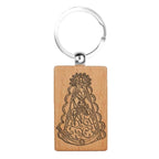 Llavero rectangular de madera natural con grabado láser de la Virgen del Rocío y anilla metálica