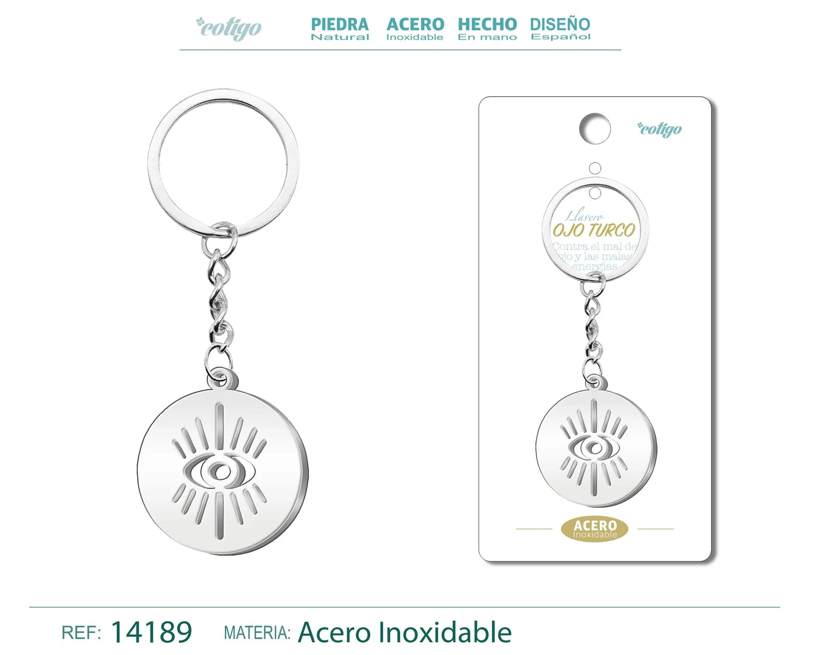 Llavero de acero inoxidable con medalla de Ojo Turco y rayos.