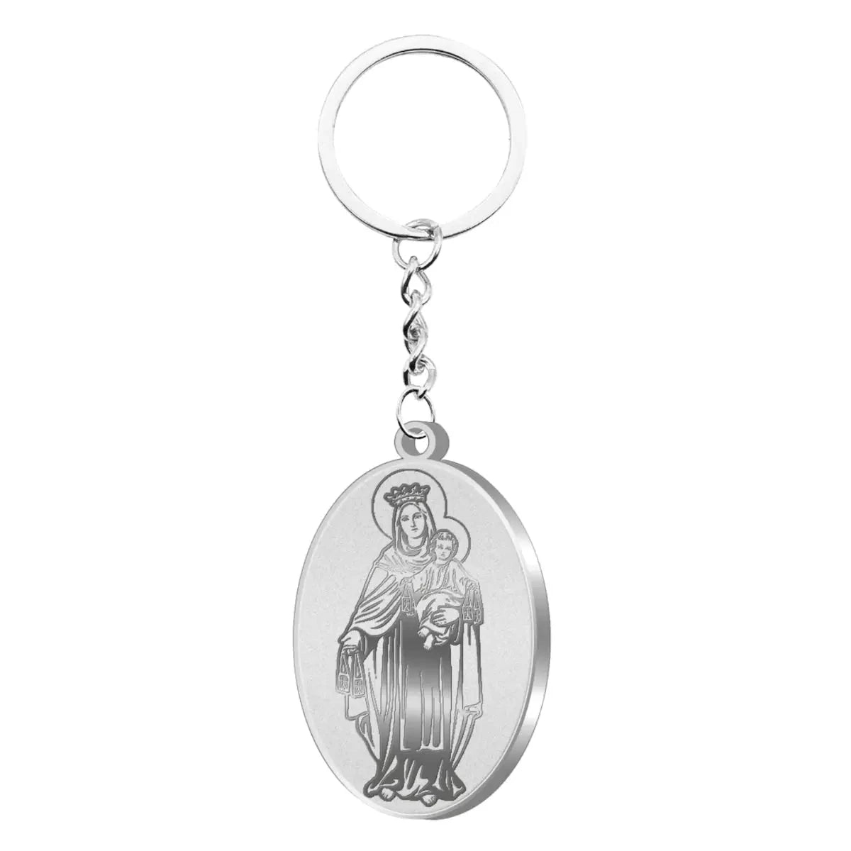 Llavero medalla ovalada virgen del carmen acero inoxidable plateado amuleto proteccion conductores y marineros