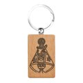 Llavero rectangular de madera natural con grabado oscuro de la Virgen de Covadonga La Santina souvenir religioso