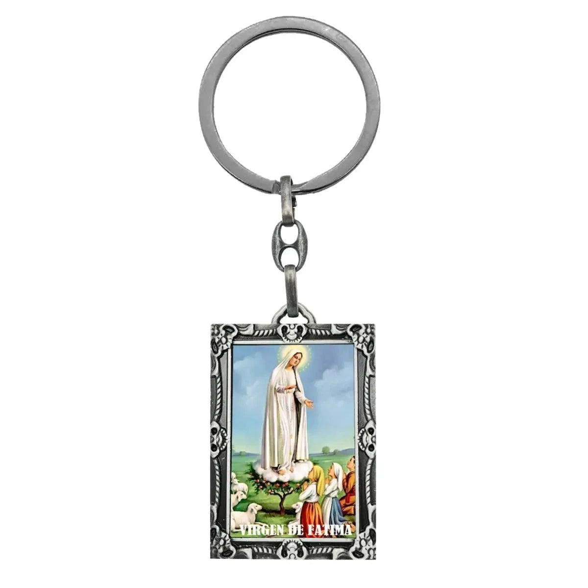 Llavero religioso Virgen de Fátima a color imagen aparición a los tres pastorcitos marco rectangular metal vintage