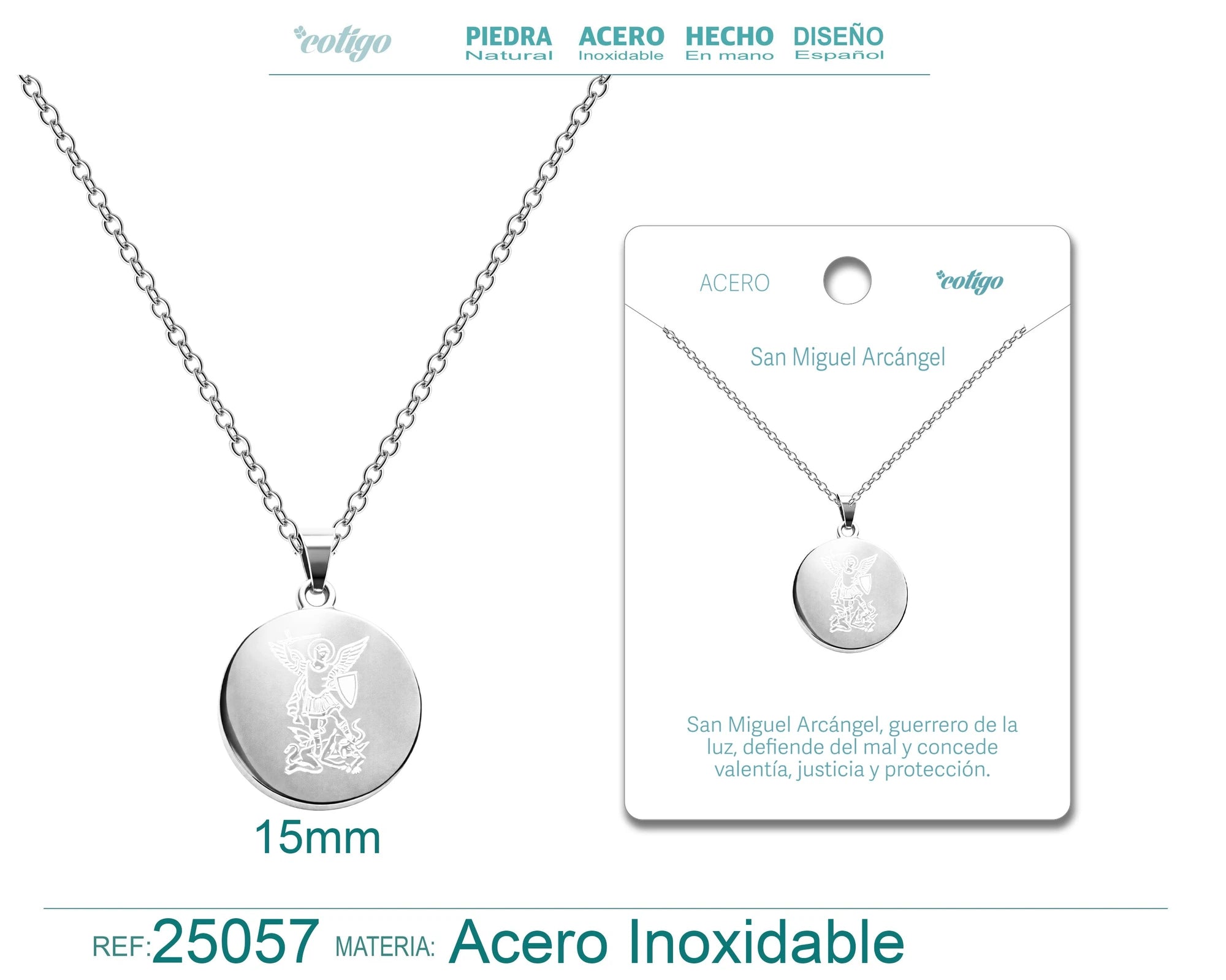 Collar con Medalla de San Miguel Arcángel en Acero Plateado con Diseño Devocional detalle