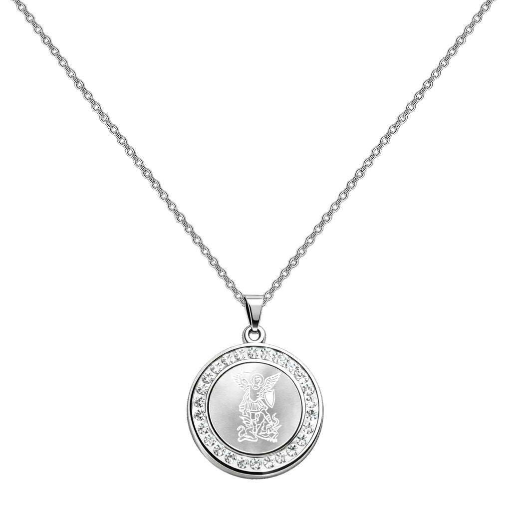 Medalla religiosa de San Miguel Arcángel con circonitas en collar devocional