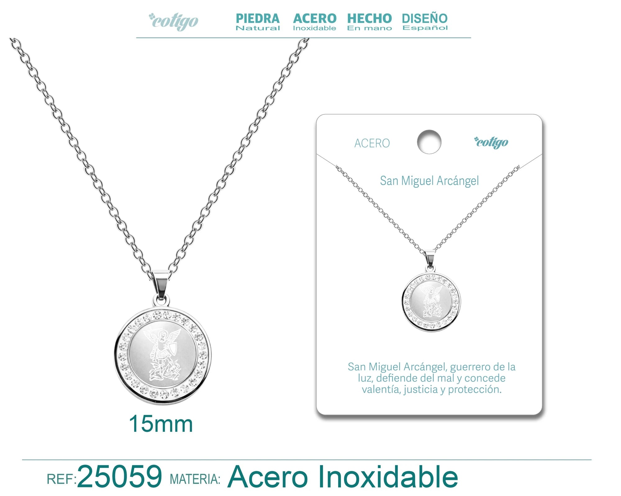 Collar con Medalla de San Miguel Arcángel Acero Y Circonitas en Diseño Devocional detalle