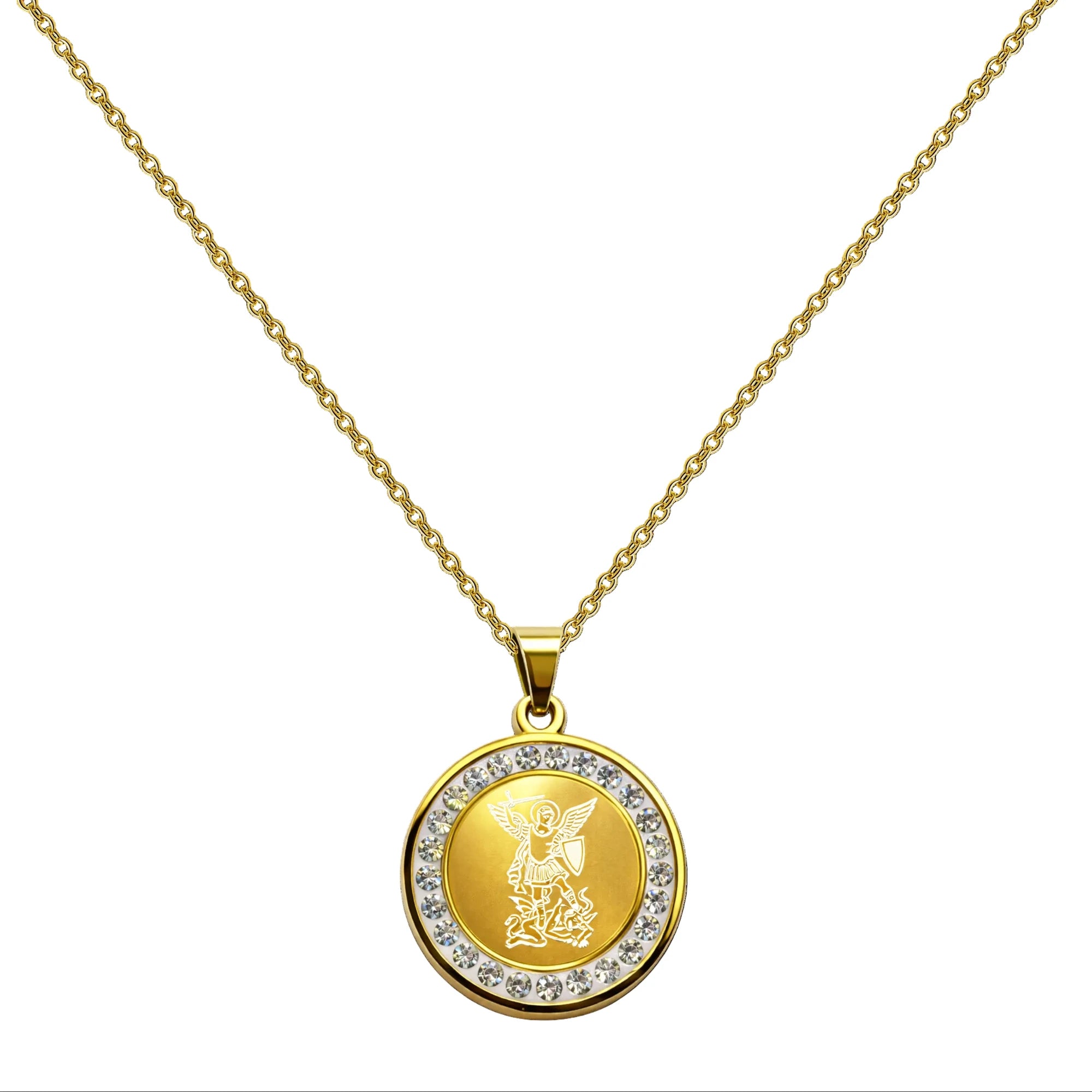 Medalla religiosa de San Miguel Arcángel dorada con circonitas en diseño devocional
