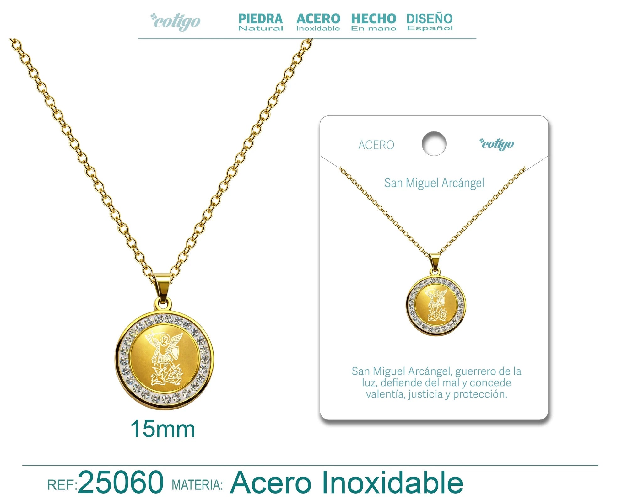 Collar con Medalla de San Miguel Arcángel Dorado Y Circonitas en Diseño Devocional detalle