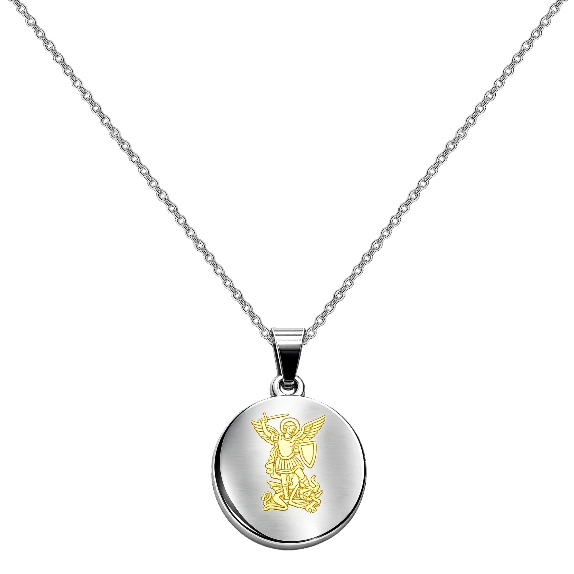 Medalla religiosa de San Miguel Arcángel en acero plateado con relieve dorado
