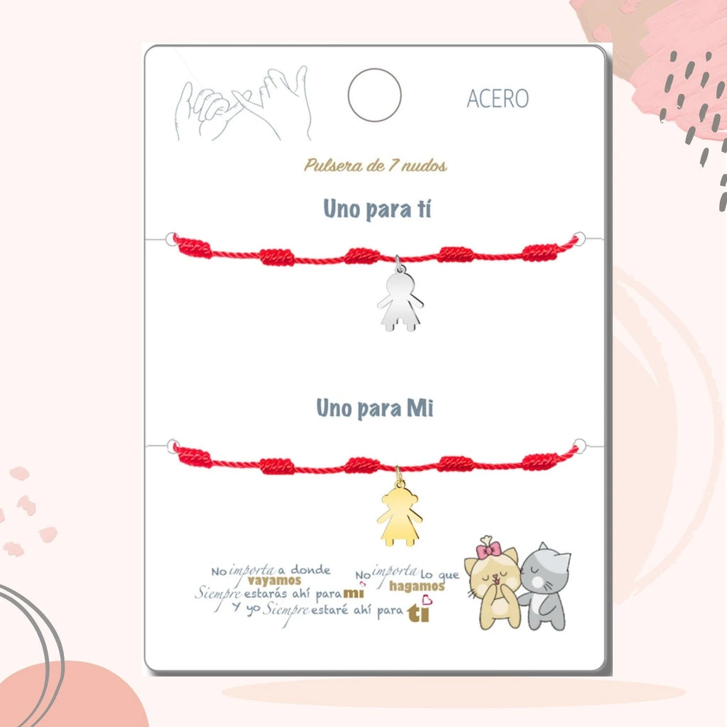 Pack 2 Pulseras 7 Nudos con Silueta Muñeca - Regalo San Valentín Pareja - Acero detalle