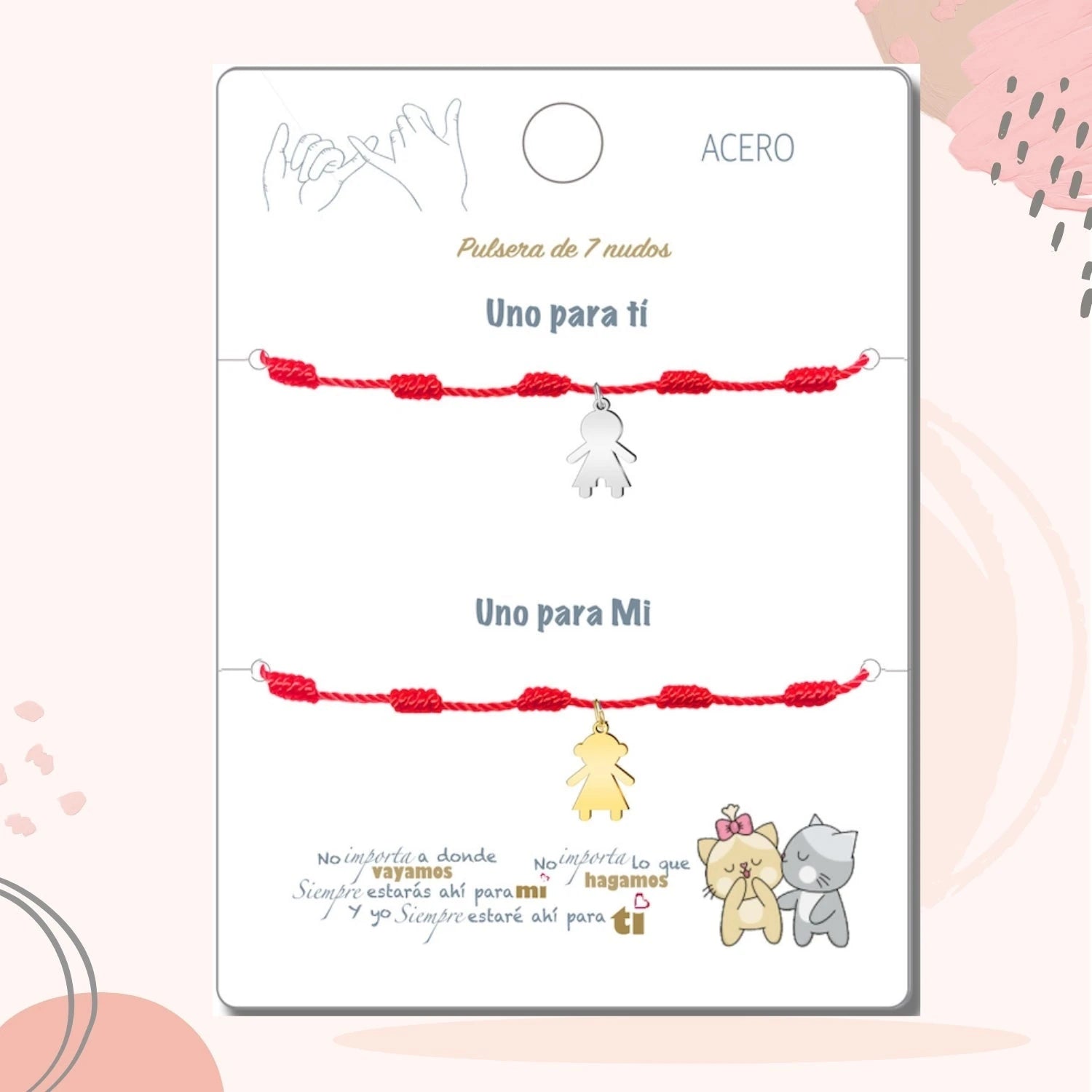 Pack 2 Pulseras 7 Nudos con Silueta Muñeca - Regalo San Valentín Pareja - Acero detalle