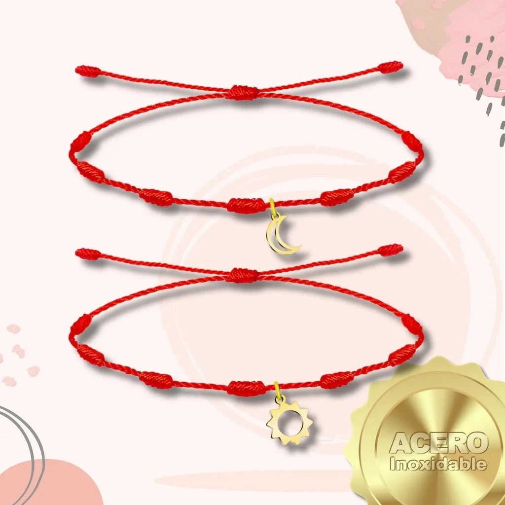 Pack 2 Pulseras 7 Nudos con "sol Y Luna" - Regalo San Valentín Pareja - Acero acabado