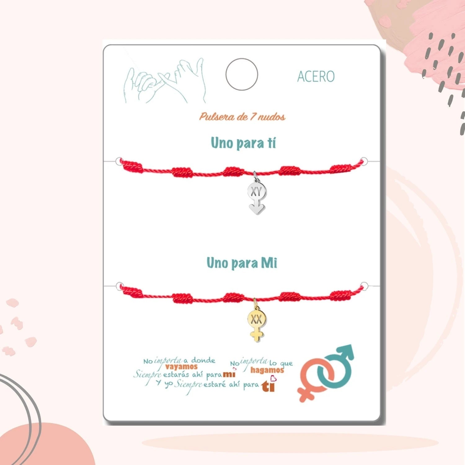 Pack 2 Pulseras 7 Nudos con Cromosomas Xx Y Xy - Regalo San Valentín Pareja - Acero detalle