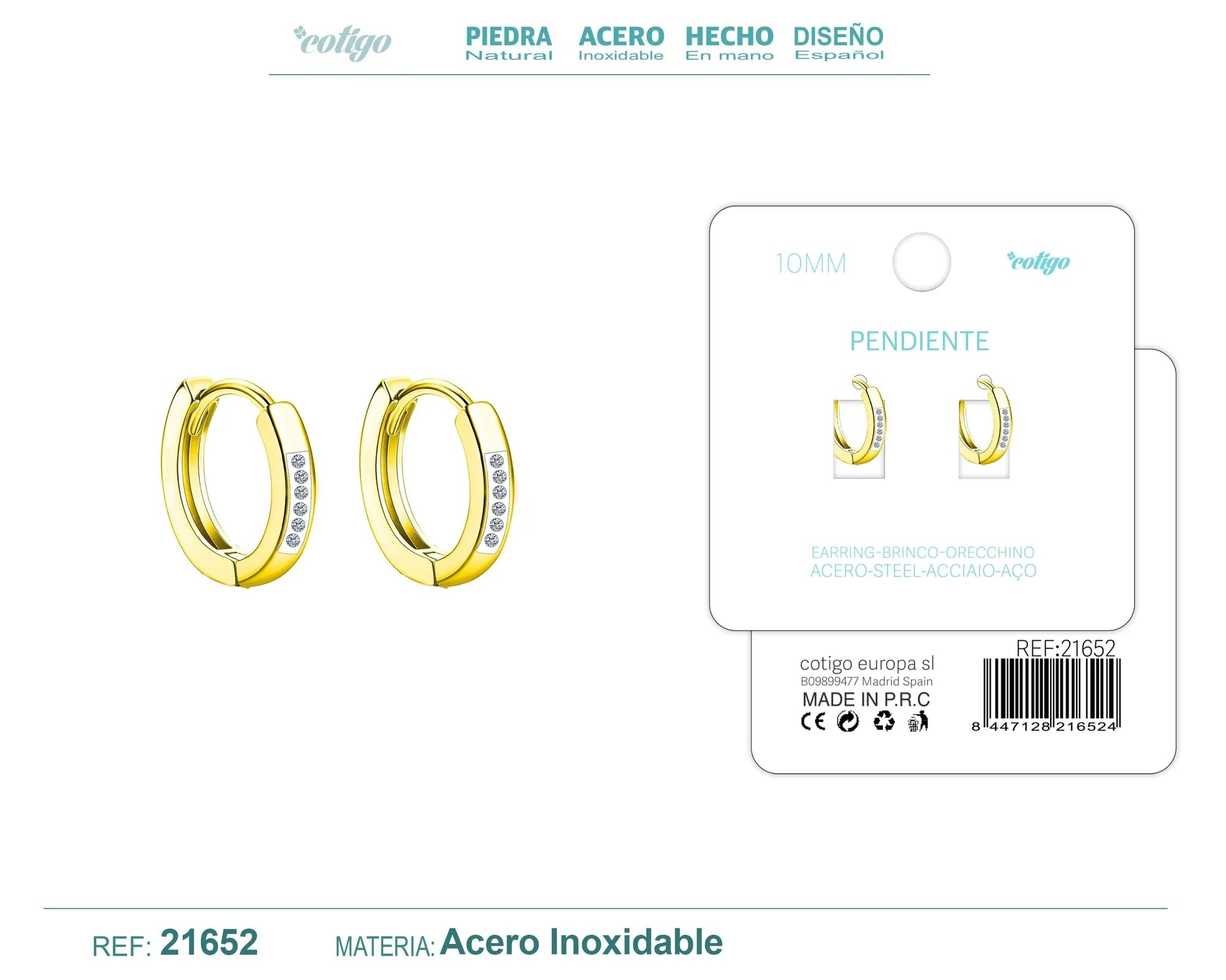 Pendiente Aro Acero 10 Mm con Circonita Transparente Dorado