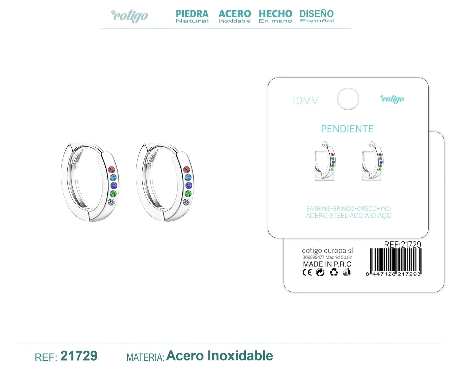 Pendiente Aro Acero 10mm Circonita Colores Plateado Modelo 3