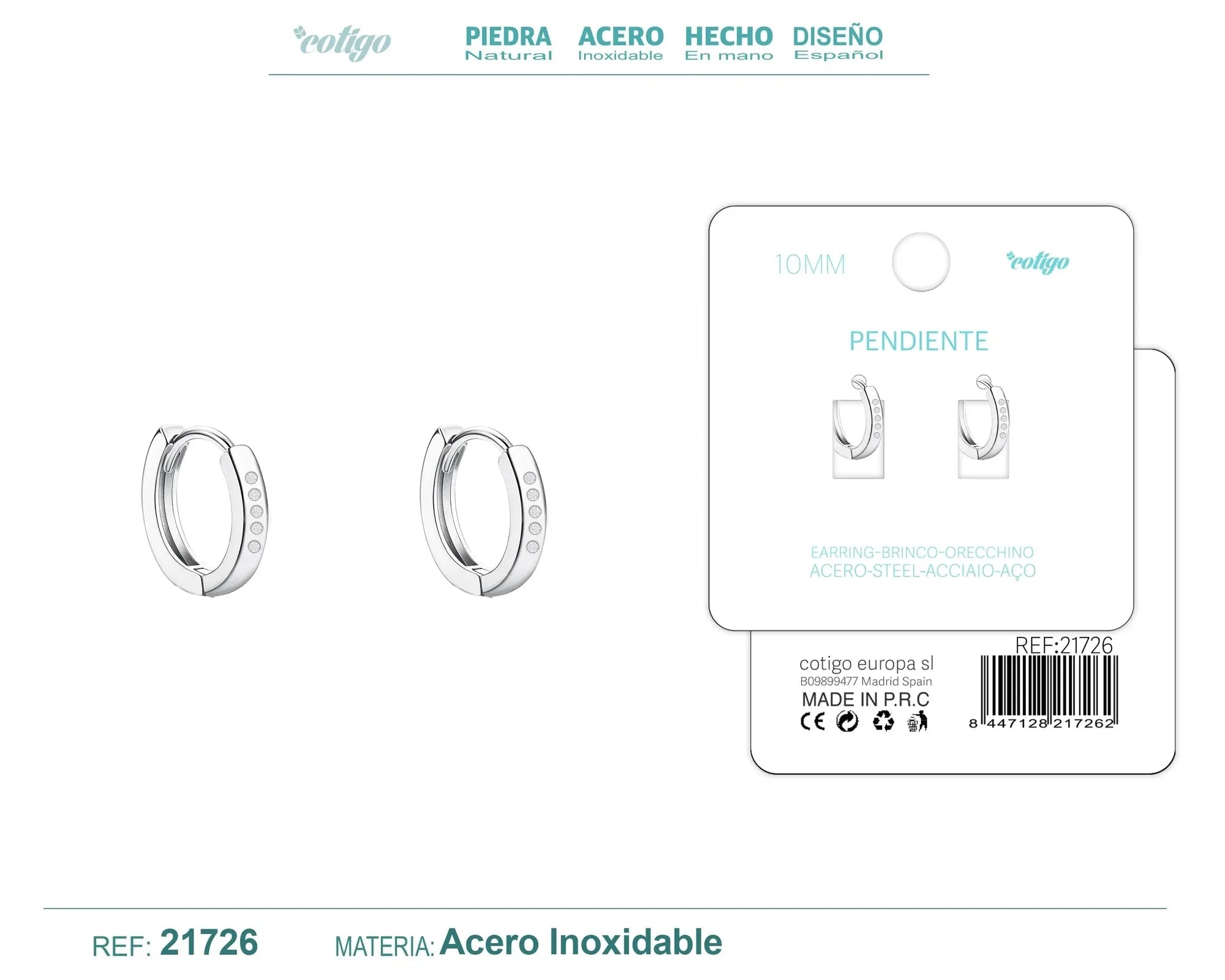 Pendiente Aro Acero 10mm Circonita Transparente Plateado Modelo 2