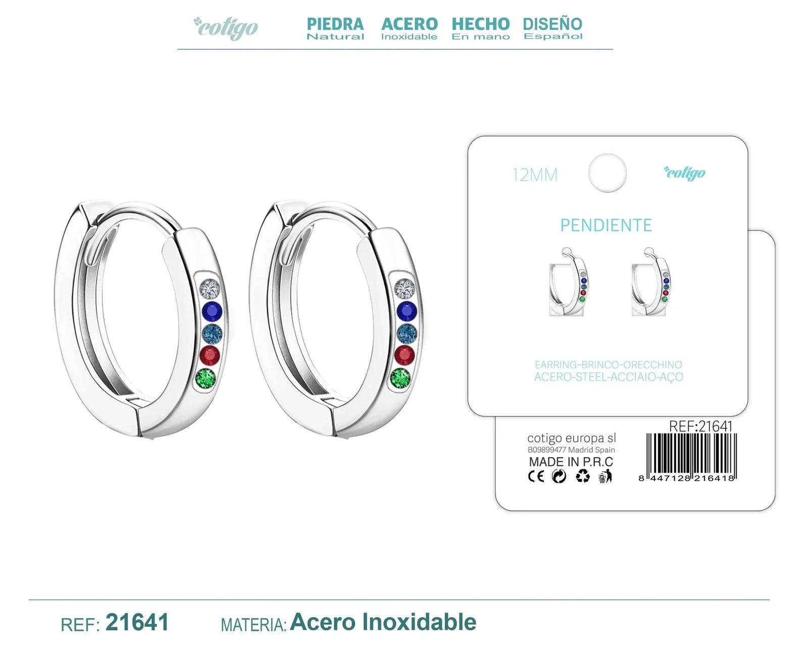 Pendiente Aro Acero 12mm Circonita Colores Plateado Modelo 2
