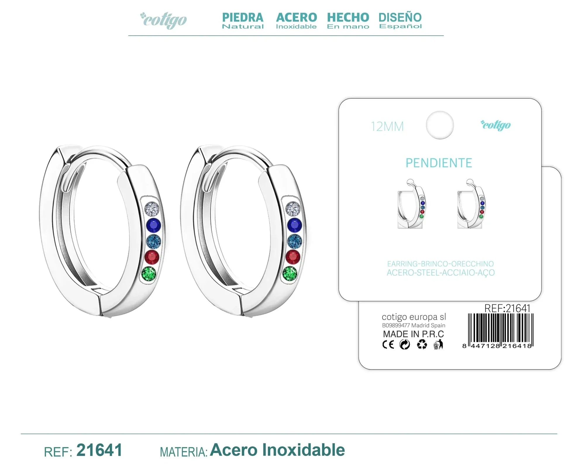 Pendiente Aro Acero 12mm Circonita Colores Plateado Modelo 2