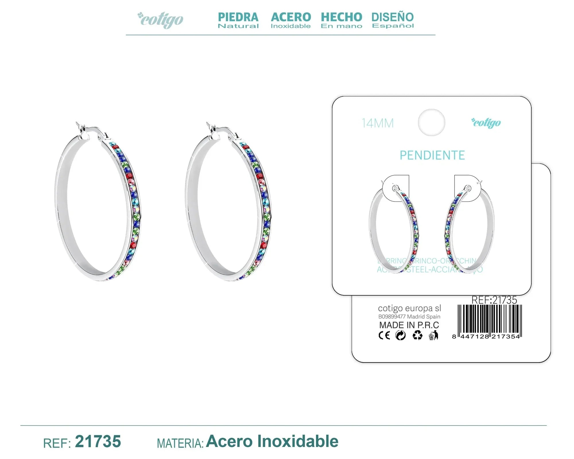 Pendiente Aro Acero 12mm Circonita Colores Plateado Modelo 3