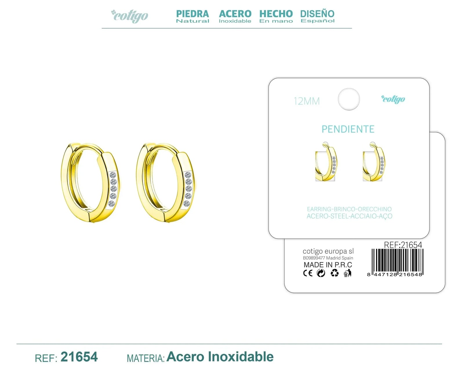 Pendiente Aro Acero 12mm Circonita Transparente Dorado