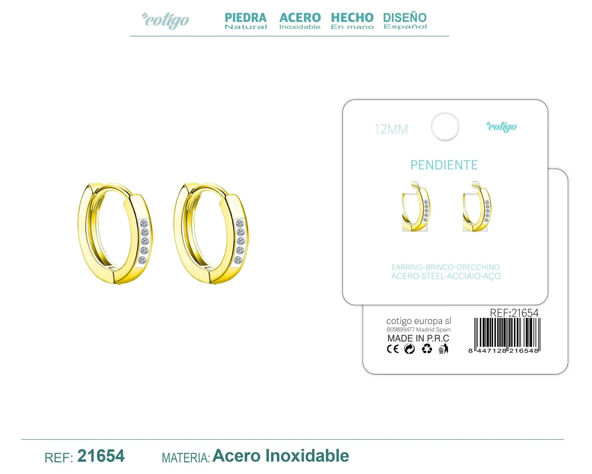 Pendiente Aro Acero 12mm Circonita Transparente Dorado
